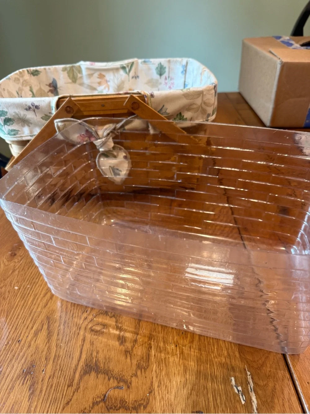Longaberger Tan Woven Basket with Floral Liner and Double Handles